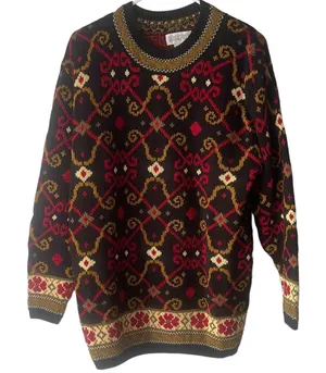 Lands' End Women's Medium Chunky Knit Black‎ Geometric Pattern Crew Neck Sweater thumbnail 1