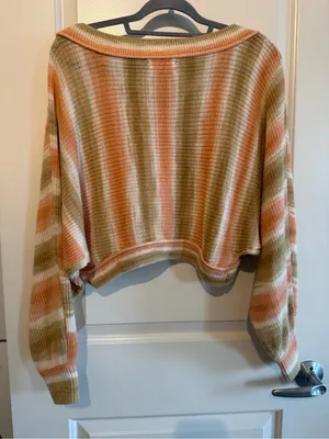 Urban Outfitters Striped Off-Shoulder Sweater in Peach, Cream & Olive thumbnail 4