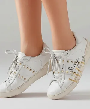 Valentino Garavani White Leather Studded Lace-Up Sneakers with gold Sz 6.5 thumbnail 1