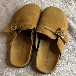 Tory Burch Mustard Suede Mules with Gold Buckle thumbnail 2