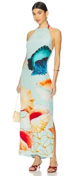 Muma World Murex Mist Vega Silk Dress Sea Print Halter Maxi small thumbnail 1