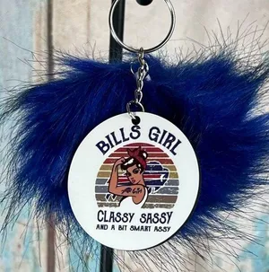 NFL Inspired Bills Girl Round Keychain With Faux Fur Pom Pom New thumbnail 1