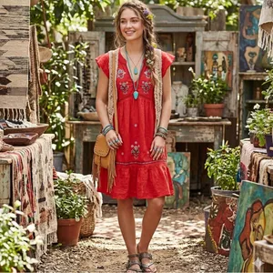 Knox Rose Women's Boho Short Sleeve V Neck Tiered Embroidered Dress Size L thumbnail 2