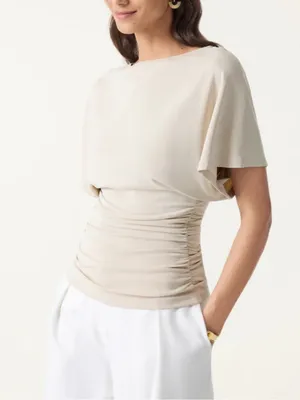 NWT Women’s OGL Short Sleeve Draped Ruched Tee Top Beige Size M thumbnail 2