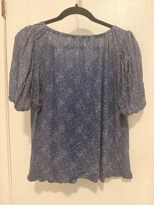 LOFT Blue Paisley Puff Sleeve Split Neck Rayon Top Women size L thumbnail 2