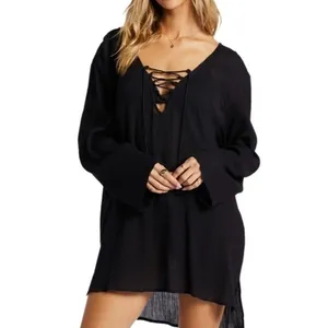 SALE Billabong Black Lace-Up Beach Cover-Up Dress Long Sleeve Boho Small thumbnail 5