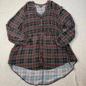 Torrid Womens Plus Size 2 (2X) Black Red Green Plaid Smocked Blouse Top High Low thumbnail 1