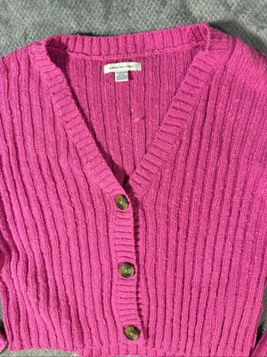 American Eagle XS Hot Pink Ribbed Knit Cropped Cardigan Button Front V-Neck NWOT thumbnail 5