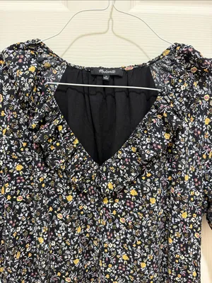 Madewell Floral Ruffle Neck Short Sleeve Dress Black Multicolor Medium Mini thumbnail 2