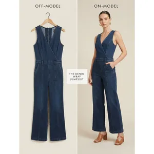 Guess‎ Jumpsuit Women Large Blue Denim Wrap Wide Leg Sleeveless V-Neck Casual thumbnail 2