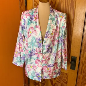 Vintage 80s 90s Floral Blazer Pastel Pink Purple Teal Lightweight Jacket Retro thumbnail 5