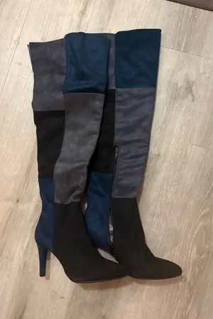 Blue patchwork boots over the knee size 8 thumbnail 1