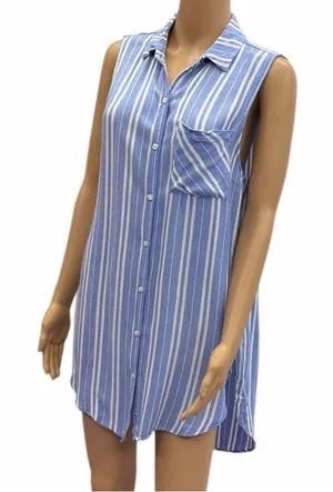 Staccato Blue Striped Sleeveless Button Up Tunic Top Blouse Womens Large thumbnail 1