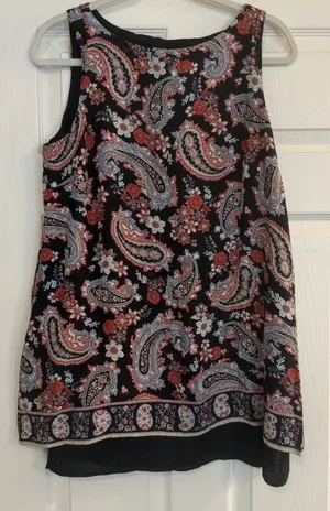 J. Jill Layered Tank‎ Top Sz MED PET Black Paisley Split Back Lined Tunic Flowy thumbnail 1