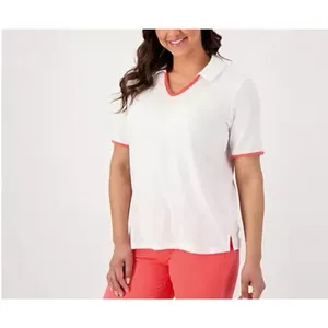 Denim & Co Beach Terry Cloth Knit Polo Contrast Trim Size 1X White A602904 Pool thumbnail 2