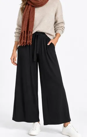 Black Wide Leg Pull-On Pants Drawstring Soft Knit Lounge Travel Minimalist Comfy thumbnail 1