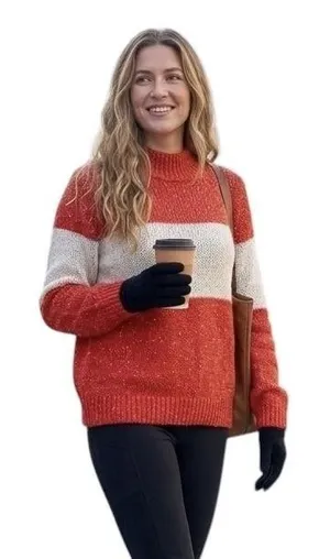 Aerie Sweater Wome's Small Coral White Striped Mock Neck Chunky Knit Pullover thumbnail 1