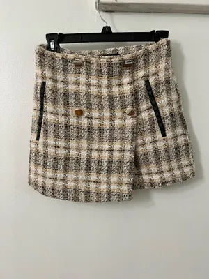 ZARA Brown Plaid Mini Skort - Button Detail thumbnail 4