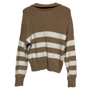 Jessica Simpson Women's Tan White‎ Striped V-Neck Sweater with Collar Size L thumbnail 2