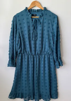 Tacera Mini Dress Ruffle Neck Long Sleeve Pom Dot Teal Blue Size‎ L thumbnail 1