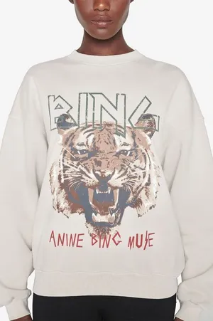 ANINE BING Muse Tiger Crewneck Oversized Sweatshirt - Stone Tan Size XS thumbnail 1