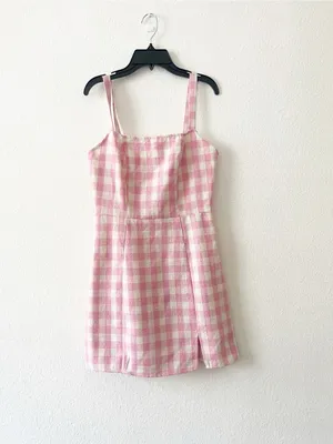 Cider Square Neck Pink Check Split Mini Dress Small‎ thumbnail 2