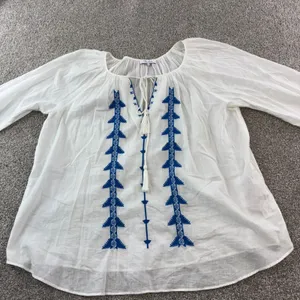 Parker NY Woman's M White Blue Embroidered Tassel Tie Neck Cotton Tunic Top Boho thumbnail 1