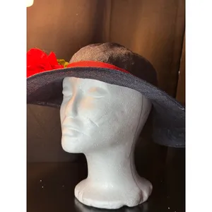 Career Collection Navy Blue Wide Brim Sun‎ Hat Red Rose Accent Straw Style Hat thumbnail 5