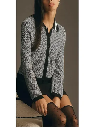 Anthropologie Maeve Preppy Black/White Cropped Plunging Polo Cardigan Size Small thumbnail 13