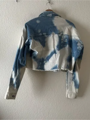 Wild Fable Denim Jacket Womens XS Blue Jean Bleach Dye Crop Raw Hem Oversized thumbnail 4