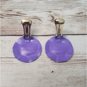 Vintage Clip On Earrings Hammered Design Purple Pushed In Circle Retro thumbnail 4