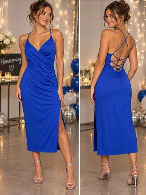 Halara Strappy Cobalt Blue Midi Dress - Elegant Back Lace-Up thumbnail 2
