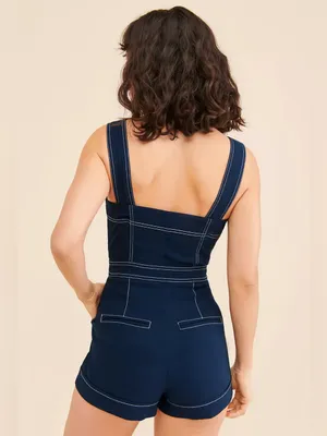 Maeve The Portside Denim Square Neck Button Front Romper Retro Boho Twee thumbnail 2