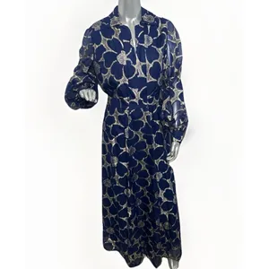 VTG CLIFTON WILHITE 18 Blue Metallic Floral Long Sleeve Gown Couture Dress thumbnail 5
