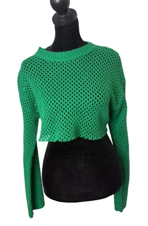 Green Open Knit Cropped Fishnet Sweater Size L See Through‎ Layering Festival thumbnail 1