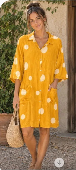 Linen Mustard Yellow Polka Dot Button Front Shirt Dress Tunic Boho Pockets XL thumbnail 1
