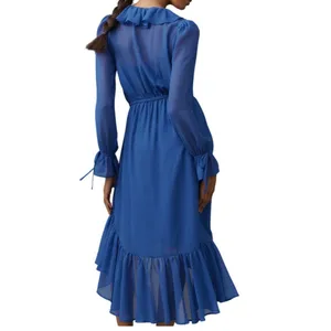 NWT Anthropologie Long Sleeve Ruffled Asymmetric Midi Dress Blue‎ Sz XS Feminine thumbnail 2