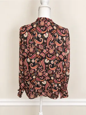 LOFT Paisley Ruffle Neck Long Sleeve Blouse Black Pink Boho Women’s Small thumbnail 6