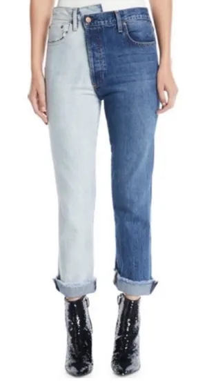 Alice + Olivia Jeans‎ Boyfriend Jeans Two Tone Blue 24 asymmetrical thumbnail 1