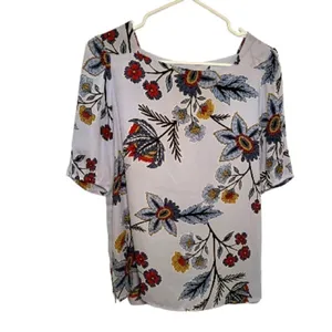 Loft Women's Size Small Square Neck Blouse‎ Light Blue Floral Red Gold White thumbnail 3