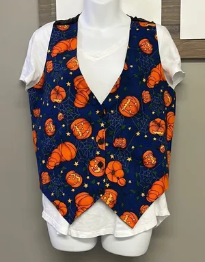 Halloween Pumpkin, Spider Web Fashion Blue, Orange, Green, Yellow Button Up Vest thumbnail 1