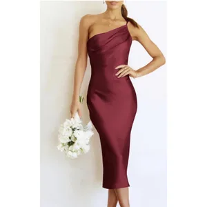 PRETTYGARDEN Women's Midi Satin One Shoulder Spaghetti Strap Dress Small thumbnail 2
