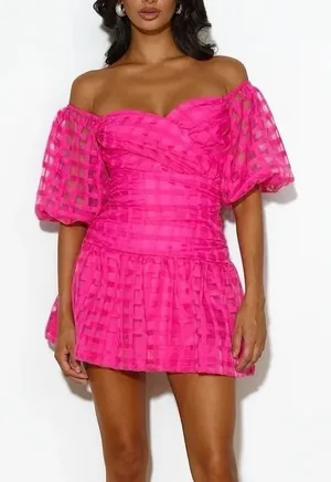 Hello Molly Gal Pal Mini Dress Pink Puff Sleeve Girly Feminine Coquette Size L thumbnail 1