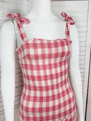 Sincerely Jules Gingham‎ Check Smocked Ruffle Mini Dress Red White Medium Preppy thumbnail 6