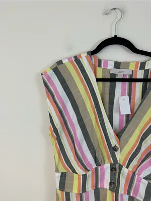 LOFT Multicolor Striped Button-Front V-Neck Dress Midi Length Size 12 NWT thumbnail 3