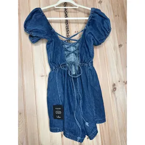 NWT Lulus Feylith Medium Wash Denim Romper Blue Lace Up Back Party Date Size M thumbnail 5