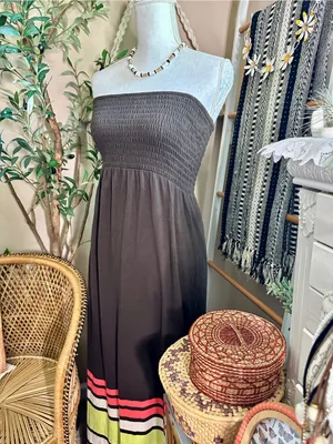 Gap Brown Strapless Smocked Maxi Dress Color Block Built-In Bra Medium thumbnail 2