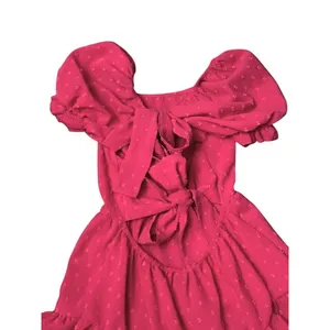 SheIn Hot Pink Swiss Dot Puff Sleeve Tie Back Tiered Mini Dress Flirty Womens‎ Small 4 thumbnail 7