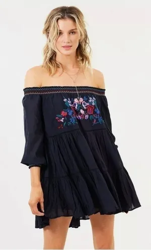 FREE People Embroidered‎ Floral Black boho dress thumbnail 1