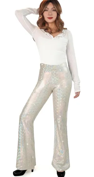 NWOT Silver Holographic Sequin High Rise Flare Bell Bottom Pants Small thumbnail 1